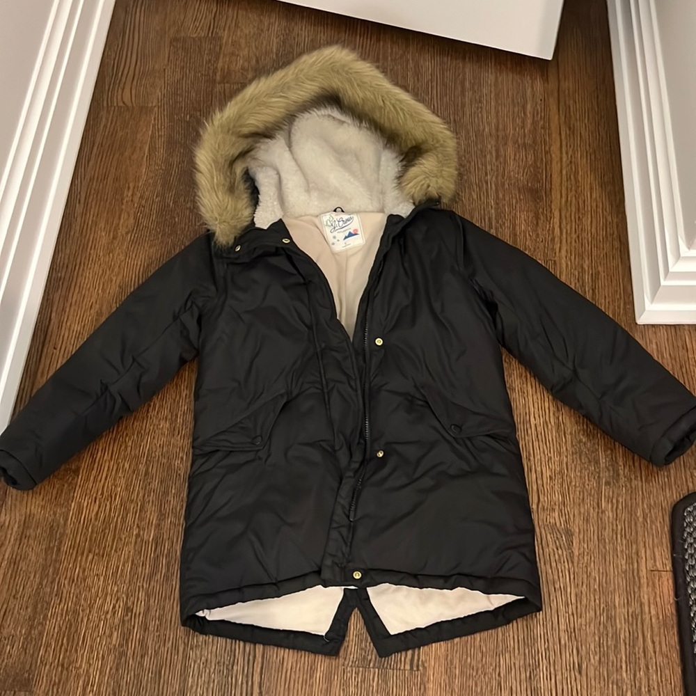 Girls fleece lined black j. Crew jacket fur hood.  Size lg Like new condition